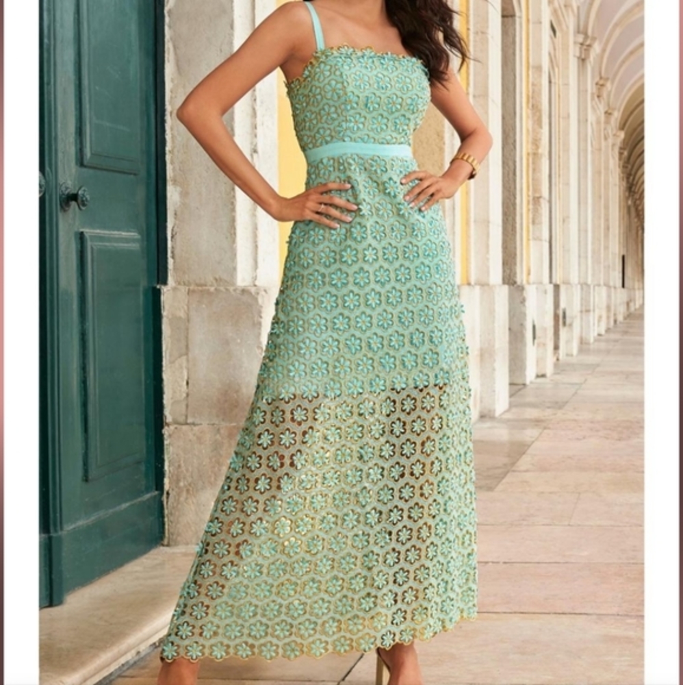 Boston Proper Sage Green Floral Cutout Lace Maxi Dress Gold Overlay